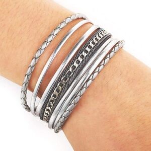 Grey Braided Leather Chain Buckle Bracelet